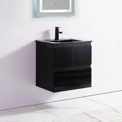Rue Du Bain – Meuble de salle de bain suspendu 60 cm – 2 tiroirs noir brillant – Vasque céramique avec trop plein – Coulisses soft close