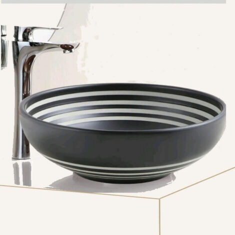 Rue Du Bain – Vasque à poser ronde en céramique noire rainurée – Diamètre 40,5 cm – Hauteur 15 cm – Sans trop-plein – Installation facile sur meuble design (1/2)