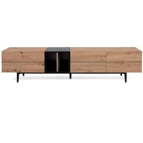 Meuble TV 3 abattants - Decor chene et noir - L 195 x P 37 x H 48 cm - NOLA (1/5)