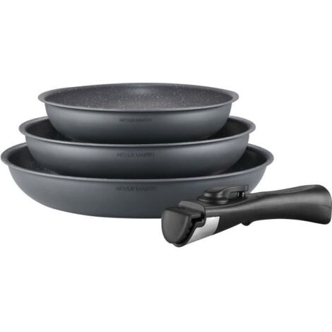 Batterie de cuisine ARTHUR MARTIN AM521GM Set de 3 poeles - Gris Mat 20-24-28 cm + 1 poignée amovible - Tous feux dont inductio (1/3)