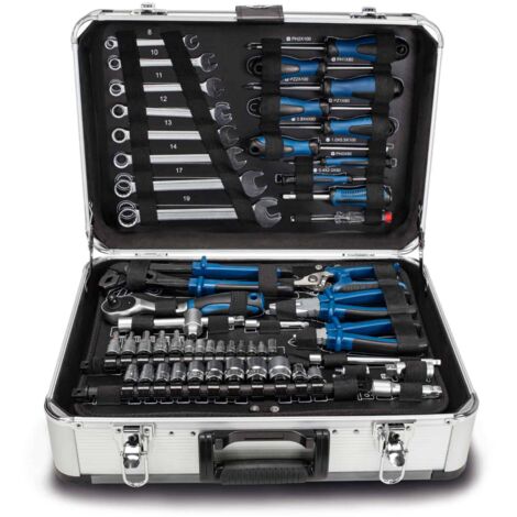 Werkzeugkoffer Aluminium TB150 Scheppach gefüllt 101-tlg Werkzeug Set Schraubenschlüssel, Hammer, Zange, Schraubendreher für Werkstatt & Haushalt