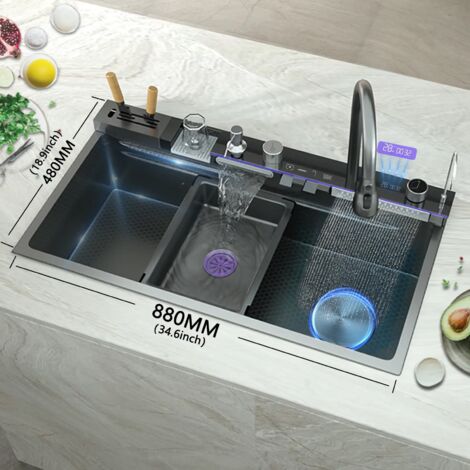 Küchenspüle aus Edelstahl, multifunktionales Becken zum Gemüsewaschen, große Einbecken-Kaskadenspüle für den Hausgebrauch – TELISIYA – 88 x 48 cm (rechts)