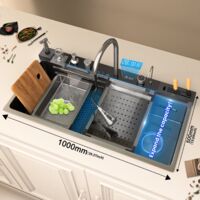 Fregadero de cocina multifuncional de acero inoxidable con una cubeta, grifo tipo cascada y pantalla digital integrada, accesorios incluidos – TELISIYA – 100 x 50 cm (instalación a la derecha)