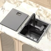 Kleine Bar-Spüle, kleine Spüle für Wohnmobile, Einbauspüle aus Edelstahl 304, kleine Unterbau-Spüle für Cafés, Mini-Spüle mit einem Becken und Deckel – TELISIYA – 40 x 54 cm