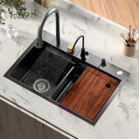 Fregadero de cocina para uso doméstico, fregadero de acero inoxidable 304, fregadero grande de cocina con una cubeta para lavar vajilla y verduras, con grifo tipo cascada – TELISIYA – 60 x 45 cm