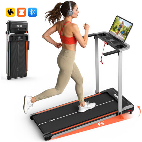 Tapis de course pliable pour domicile avec inclinaison, moteur 2,5 HP, vitesse 1–12 km/h, fonctionnement silencieux, Bluetooth compatible applications, surface de course 38x100 cm, supporte jusqu’à 12