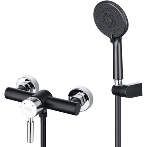 ONECE Grifo de Ducha Negro de Latón de Pared, Mezclador de Ducha con Ducha de Mano de 3 Modos Φ12cm, Conjunto de Ducha de Temperatura Ajustable, Set de Grifo de Ducha con Soporte y Manguera