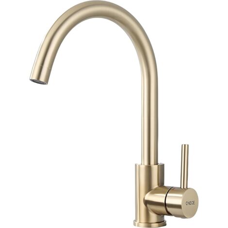 ONECE Grifo de Cocina Oro con Rotación de 360°, Grifería para Fregadero con Ángulo de Caño de Agua Cómodo, Mezclador Monomando Dorado Función Frío y Caliente, Aireador Extraíble