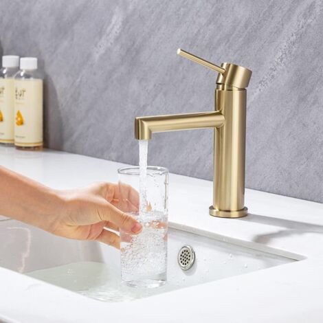 ONECE Grifo de Lavabo, Grifo Baño Monomando Dorado, Grifos Mezclador para Lavabo Anti-ruido, Grifo Lavabo de Acero Inoxidable 304, Aireador Extraíble, Agua Fría y Caliente, Válvula de Cerámica, Oro