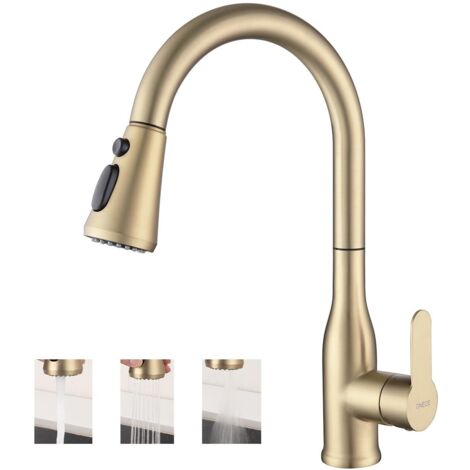 ONECE Rubinetto Cucina Oro, con Doccetta Estraibile a 3 Modalità, Miscelatore Monocomando Lavello Girevole a 360°, Rubinetti Estensibile, Acciaio Inox 304, Aeratore Rimovibile