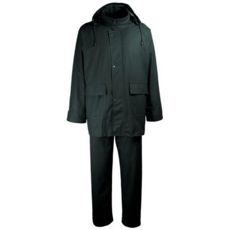 Ensemble Impermeable 2 Pièces Veste + Pantalon PU/PVC Vert - Capuche Integree - Norme EN 343 - Taille TL - BTP Agriculture (1/2)