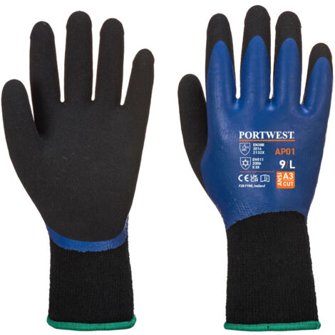 Gants de Travail Impermeables Isolants Portwest AP01 Aqua Thermo Pro - Double Latex - Grip Sec/Mouille - EN388/EN511 - Taille L - Lot de 12