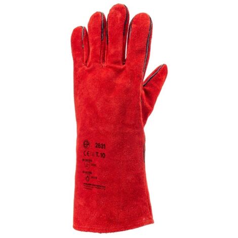Gants Soudeur Cuir Croûte de Vachette Rouge COVERGUARD EUROWELD 2631 - Molletonnes - Protection Thermique 100C - EN407 (1/3)