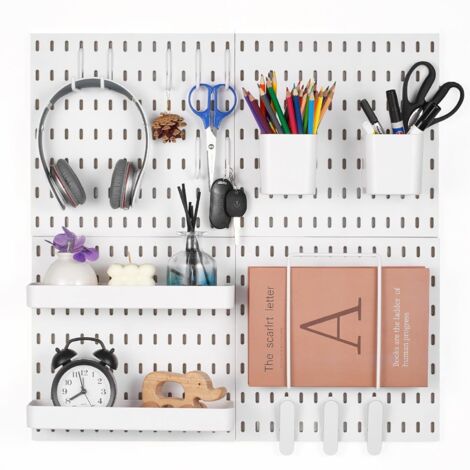 Panel de pared perforado de 280x280 mm, organizador de garaje de plástico con 4 paneles perforados, accesorios, kit de almacenamiento de herramientas para oficina, blanco (1/5)