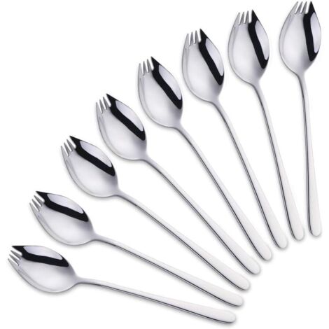 Juego de 8 piezas: cuchara, tenedor y cuchillo 3 en 1 para acampar y viajes al aire libre. Fabricado en acero inoxidable, resistente y ligero. (Plata) (1/5)
