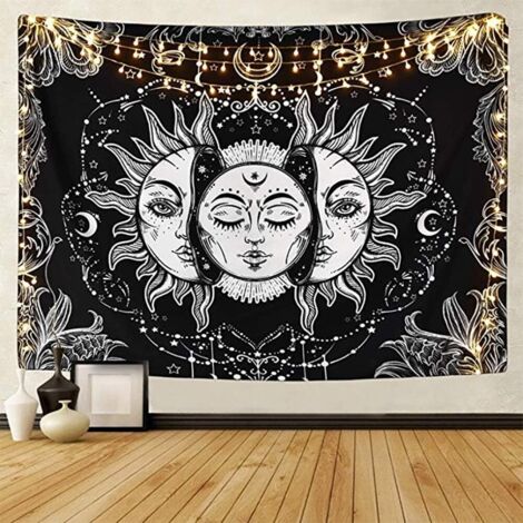 Tapiz psicodélico del Tarot del Sol y la Luna, tapiz colgante negro celestial, tapiz mural mandala indio bohemio hippie (Sol y Luna, 150 cm x 200 cm) (1/5)