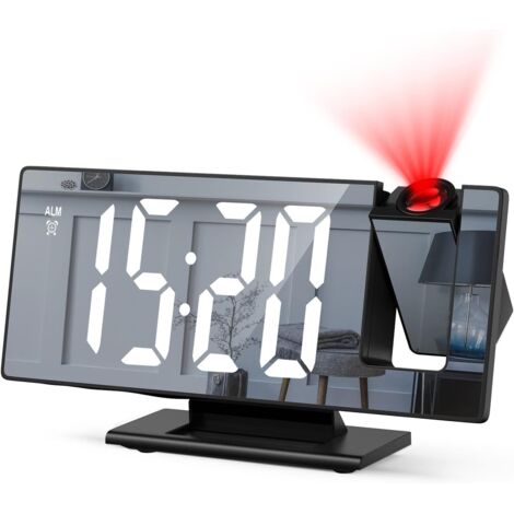 Reloj despertador con proyector de techo, despertador matutino con pantalla LED tipo espejo, reloj digital con proyección LCD giratoria de 180°, reloj despertador digital con función de repetición. (1/5)