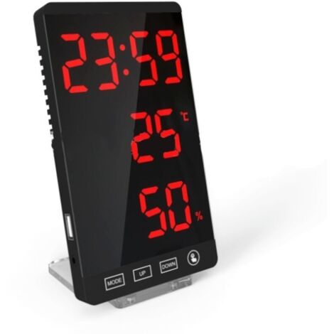 Reloj con espejo LED, termómetro e higrómetro, reloj meteorológico electrónico, despertador, letras rojas en negrita (1/5)