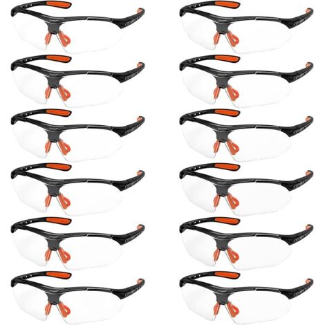 Packung mit 12 CE-zertifizierten, schwarz-orangenen Schutzbrillen mit klaren Gläsern – Schutzbrillen mit Nasenpads aus Gummi (1/5)