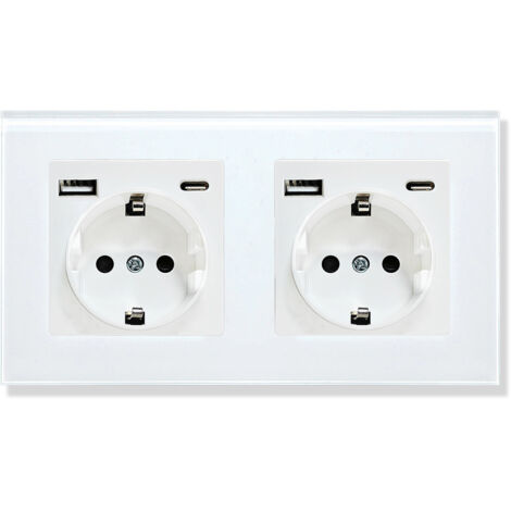 Glas-Wandsteckdose mit USB-Anschluss und einer alternativen Steckdosenleiste mit USB-C-Anschluss, 2,1 A Stromstärke, 16 A, 240 V, 157 mm, Weiß (1/5)