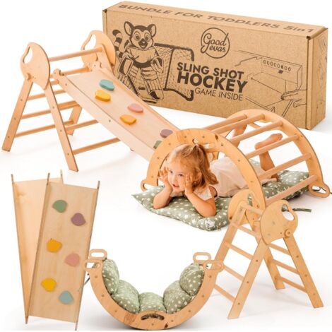 Conjunto de escalada Montessori 5 en 1: Triángulo de madera, arco de escalada con cojín y rampa reversible para niños, parque de juegos interior para edades de 1 a 3 años.