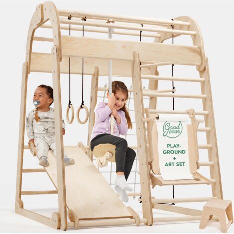 Estructura de escalada de madera Montessori con tobogán, columpio, muro de escalada, cuerda, escala de cuerda и kit de arte creativo – Parque de juegos de interior para niños de 3 a 8 años.