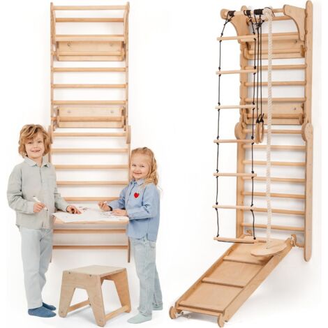 Espaldera sueca de madera 6 en 1 para interiores con tobogán: Estructura de escalada versátil con barras de mono y accesorio para dibujar – Ideal para niños de 2 a 12 años.