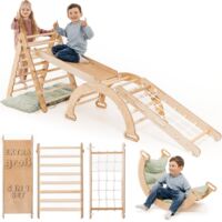 Struttura da Arrampicata Indoor Extra Large 5-in-1 per Bambini – Triangolo di Pikler, Arco, Rampa e Rete con Cuscino Verde – Palestra Montessori in Legno per Bambini dai 1 ai 5 Anni