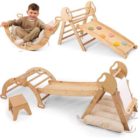 Structure d'escalade d'intérieur en bois 5 en 1 avec toboggan – Triangle d'escalade Montessori pour enfants dès 1 an, Aire de jeux d'intérieur, Set d'escalade et d'art pour bébé