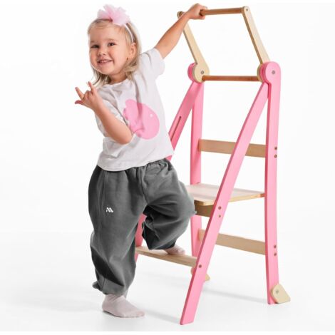 Tour d'observation Montessori en bois gain de place : Tour d'apprentissage pliable, Marchepied pour enfants, Escalier pliable avec sécurité anti-basculement (Rose)