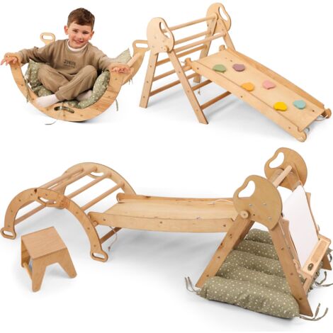 Structure d'escalade d'intérieur en bois 5 en 1 avec toboggan – Triangle d'escalade Montessori pour enfants dès 1 an, Aire de jeux d'intérieur, Set d'escalade et d'art pour bébé
