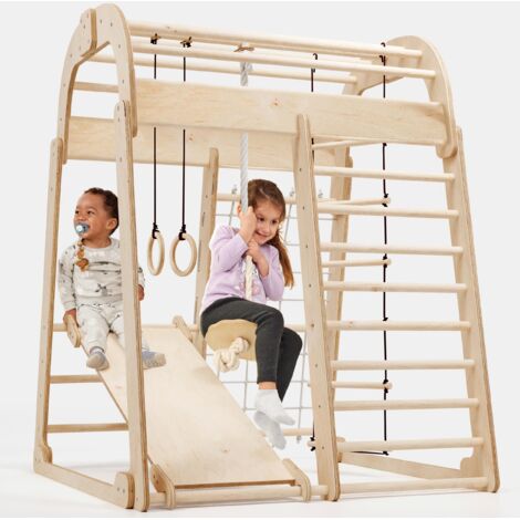 Wooden Climbing Structure for Kids – Indoor & Outdoor Montessori Gym with Swing, Climbing Wall, Climbing Rope and Rope Ladder – For Children Ages 3-8