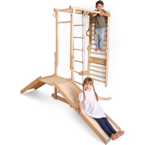 9-in-1 Wooden Indoor Climbing Frame for Kids – Montessori-Inspired Jungle Gym with Swedish Ladder, Monkey Bars, Pull-Up Bar, Rings, Swing, Rope Ladder, Climbing Board, Slide & Platform