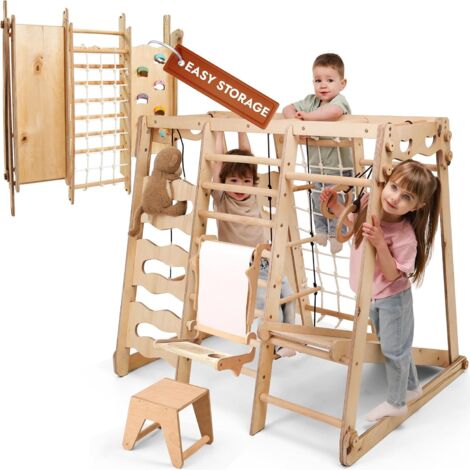 Upgraded 9-in-1 Indoor Wooden Climbing Structure: Montessori Playground with Slide, Swing, Climbing Wall, Pikler Triangle & Creative Art Kit for Kids' Room