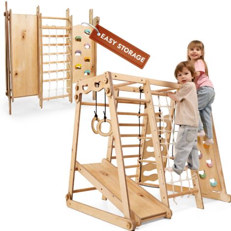 Upgraded 9-in-1 Wooden Indoor Climbing Structure for Kids – Montessori Playground with Slide, Swing, Climbing Wall and Pikler Triangle
