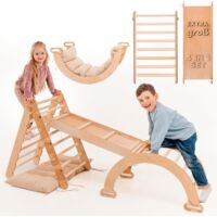 4-in-1 Montessori Climbing Set: Climbing Triangle, Slide & Arch with Cushion – Indoor Wooden Playground for Kids Ages 1-5