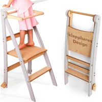 Space-Saving Montessori Wooden Kitchen Helper: Foldable Learning Tower, Toddler Step Stool with Anti-Tip Safety Design (Light Grey)