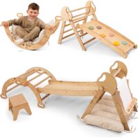 5-in-1 Wooden Indoor Climbing Structure with Slide – Montessori Climbing Triangle for Kids from 1 Year, Indoor Playground, Climbing and Art Set for Toddlers
