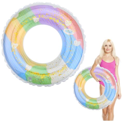 Bouée gonflable pour piscine, anneau en caoutchouc avec paillettes arc-en-ciel, résistant, idéal pour les fêtes d'enfants (garçons et filles). (1/5)