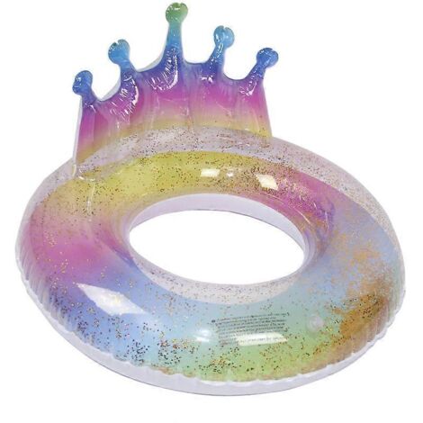 Bouée gonflable arc-en-ciel à paillettes avec ailes et couronne, idéale pour la piscine en été (90 cm de diamètre). (1/5)