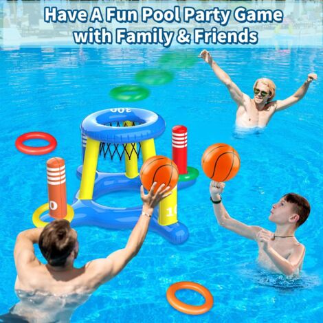 Jeu flottant piscine 2-en-1 panier de basket et lancer d'anneaux jouets aquatiques été pour enfants et adultes - Bleu - Acheter sur