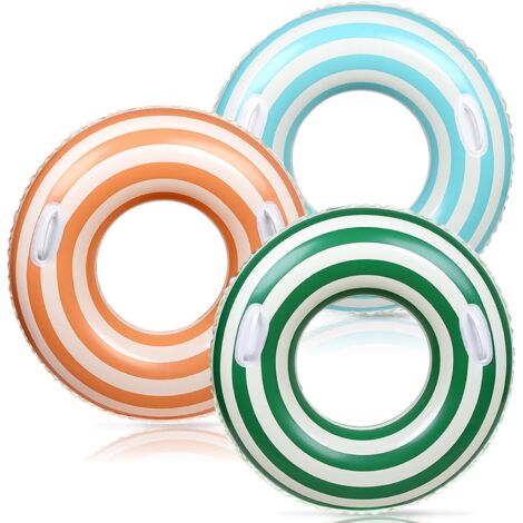 Lot de 3 bouées gonflables avec poignées, style rétro, à rayures orange, vertes et bleues. (1/5)
