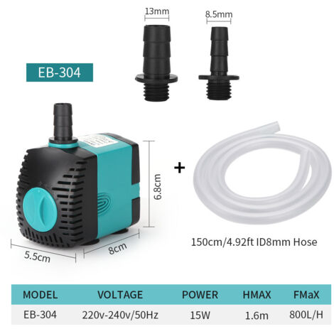 Pompe à eau submersible pour fontaine (800 l/h, 15 W) avec 2 buses, hauteur de refoulement de 1,6 m, tuyau d'arrosage de 1,5 m (1/4)