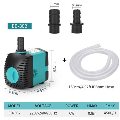 Pompe à eau submersible pour fontaine (450 l/h, 6 W) avec 2 buses, hauteur de refoulement de 0,8 m, tuyau d'arrosage de 1,5 m (1/4)