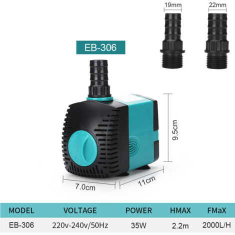 Pompe à eau submersible pour fontaine (2000 L/h, 35 W) avec 2 buses, hauteur de refoulement de 2,2 m (1/4)