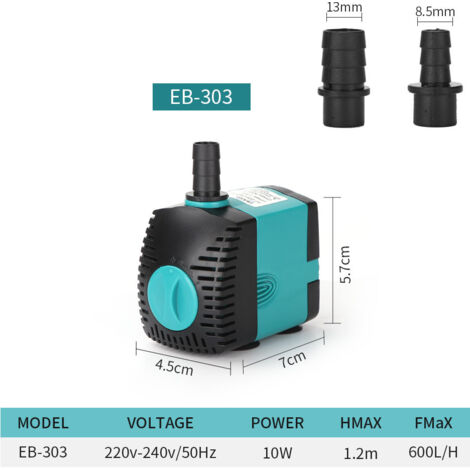 Pompe à eau submersible pour fontaine (600 L/h, 10 W) avec 2 buses, hauteur de refoulement de 1,2 m (1/4)