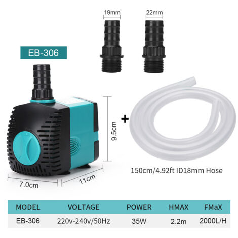 Pompe à eau submersible pour fontaine (2000 l/h, 35 W) avec 2 buses, hauteur de refoulement de 2,2 m, tuyau d'arrosage de 1,5 m (1/4)