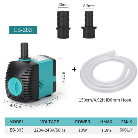 Pompe à eau submersible pour fontaine (600 l/h, 10 W) avec 2 buses, hauteur de refoulement de 1,2 m, tuyau d'arrosage de 1,5 m (1/4)