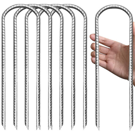 Ancrages au sol pour tentes et trampolines, barre d'armature robuste en forme de U de 30 cm avec revêtement galvanisé antirouille et embout burin facile à utiliser (1/5)