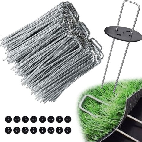 Piquets anti-mauvaises herbes en aluminium - Piquets de sol en forme de U - Jardin - Gazon artificiel - Piquets de sol, tentes, métal lourd - 100 pièces + 16 anneaux de protection (1/4)